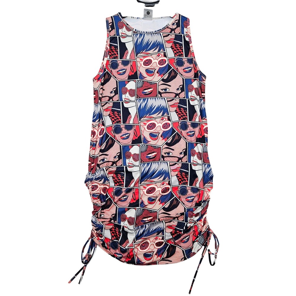 CVG Dress Women M/L Pop Art Comic Print Ruched Side Sleeveless Bodycon Edgy Y2K